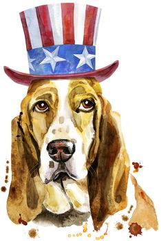 Cute Dog with Uncle Sam hat on white background. Dog T-shirt graphics. Watercolor basset hound