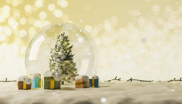 christmas ball on snow with gifts around and background of bright lights out of focus. 3d rendering