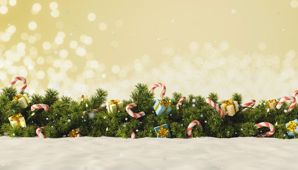 snowy christmas background with ornate garland behind and blurred light background. 3d rendering