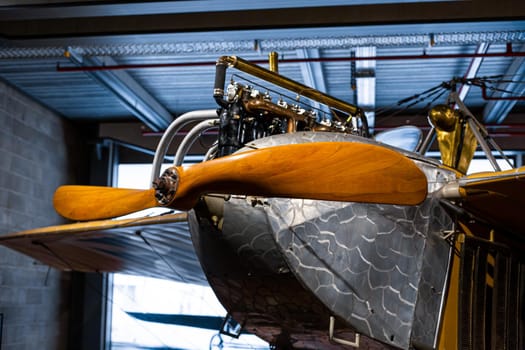 Details of a rare aircraft with a wooden propeller.