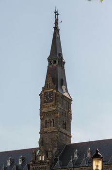 Clock tower of Healy Hall historic flagship building of Georgetown University in Washington DC. Built in 1879 by Paul Pelz and John Smithmeyer.