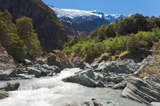 Beautiful glacial river running off hanging Rob Roy Glacier in Mount Aspiring National Park, Southern Alps, New Zealand