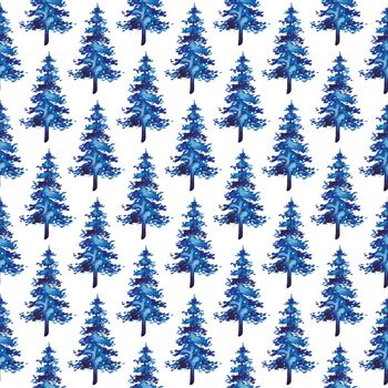 XMAS watercolor Fir Tree Seamless Pattern in Blue Color. Hand Painted Spruce Pine tree background or wallpaper for Ornament, Wrapping or Christmas Decoration.