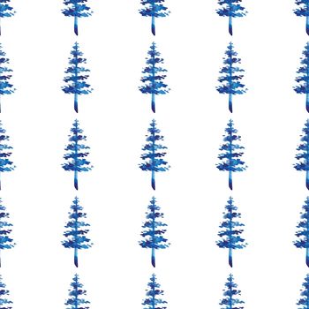 XMAS watercolor Fir Tree Seamless Pattern in Blue Color. Hand Painted Spruce Pine tree background or wallpaper for Ornament, Wrapping or Christmas Decoration.