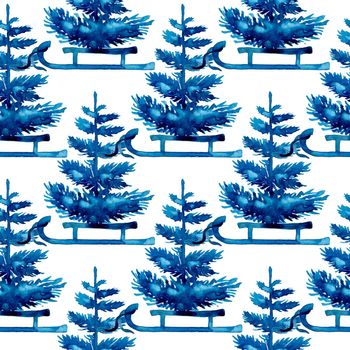 XMAS watercolor Pine Tree and Sleigh Seamless Pattern in Blue Color. Hand Painted fir tree background or wallpaper for Ornament, Wrapping or Christmas Gift.