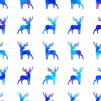 Reindeer XMAS watercolor Deer Stag eamless Pattern in Blue Color. Hand Painted Animal Moose background or wallpaper for Ornament, Wrapping or Christmas Gift.