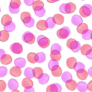 Hand Painted Brush Polka Dot Girly Seamless Watercolor Pattern. Abstract watercolour Round Circles in Pink Color. Artistic Design for Fabric and Background.