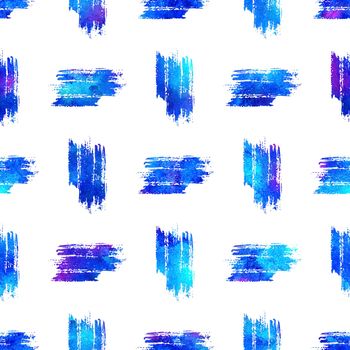 Watercolor Brush Stripes Seamless Pattern Hand Painted Grange Geometric Design in Blue Color. Modern Strokes Grung Collage Background.