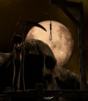 Gallow on a spooky night with a full moon and a female death angel holding a scythe. A crow sits on the gallow base - 3d rendering