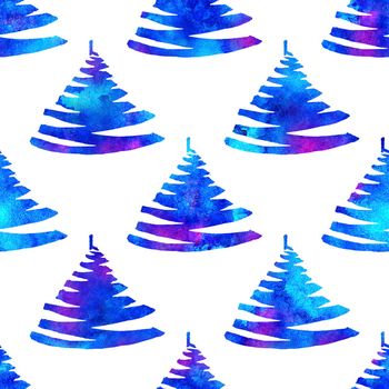 XMAS watercolour Fir Tree Seamless Pattern in Blue Color on white background. Hand-Painted Watercolor Spruce Pine tree wallpaper for Ornament, Wrapping or Christmas Decoration.