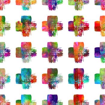 Watercolor Brush Cross Seamless Pattern Grange Geometric Design in Rainbow Color. Modern Grung Collage Background.