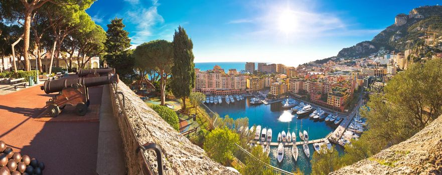 Monaco. Fontvieille colorful harbor and waterfront aerial panoramic view from upper old town, Principality of Monaco