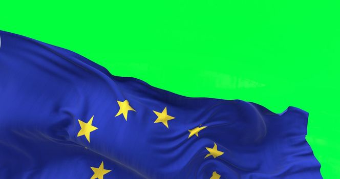 Detail of the flag of The European Union waving in the wind. Economic and finance Community. Politics and Economy. Transnational political government. Chroma key on a green screen