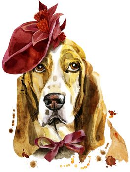 Cute Dog in red hat. Dog T-shirt graphics. watercolor basset hound