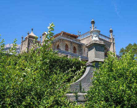 Alupka, Crimea - July 10. 2019. south facade terraces of Vorontsov Palace , now a museum
