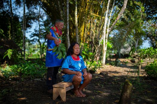 Nueva Loja, Sucumbios / Ecuador - September 2 2020: Elderly indigenous shaman of Cofan nationality performing healing ritual to a Cofan woman in the Amazon rainforest