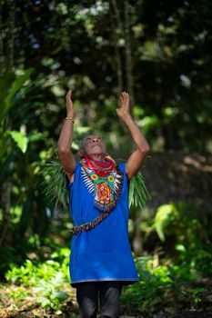 Nueva Loja, Sucumbios / Ecuador - September 2 2020: Elderly indigenous shaman of Cofan nationality performing a healing ritual with his arms raised in the Amazon rainforest