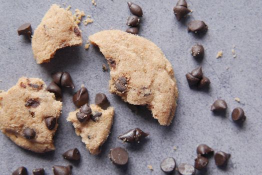 chocolate chip cookies on table close up .