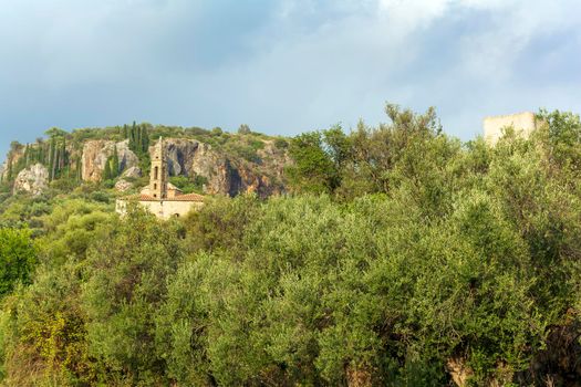 Remote view of old church Agios Spyridon in Kardamyli, Mani, Greece