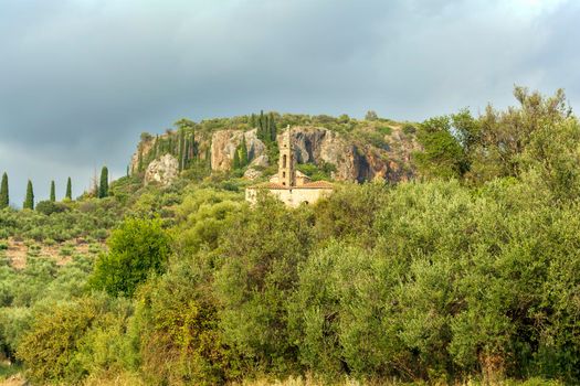 Remote view of old church Agios Spyridon in Kardamyli, Mani, Greece