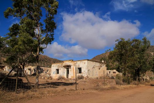 Rodalquilar, Almeria, Spain- September 3, 2021:Remains of abandoned buildings of the gold mines of Rodalquilar village in Almeria province, Andalusia community, Spain.