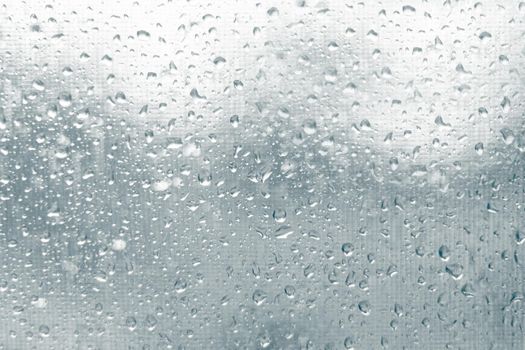 Raindrops on glass on the background of mosquito nets. Autumn wet rainy season.