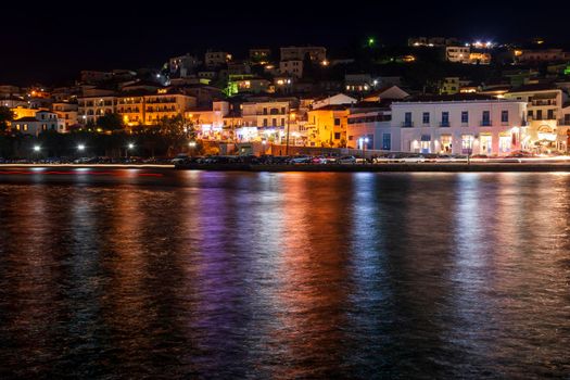 View of the town of Pylos located at southern Greece, captured at night. Pylos is located in Messinia prefecture, Greece.