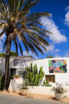Rodalquilar, Almeria, Spain- September 3, 2021: Whitewashed houses with nice pictures on the wall in Rodalquilar, Andalusia, Spain