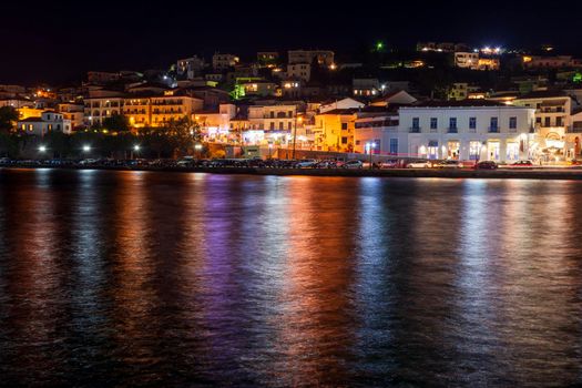 View of the town of Pylos located at southern Greece, captured at night. Pylos is located in Messinia prefecture, Greece.