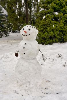 Happy snowman standing in winter christmas landscape.Snow background