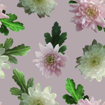 Photo and Digital Seamless Pattern with Nature Chrysanthemums Flowers. Digital Mixed Media Artwork. Endless Motif for Textile Decor and Design.