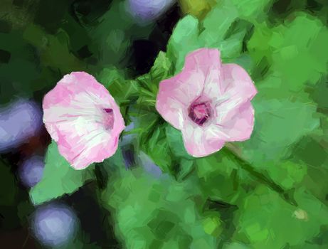 Digital painting composition with purple flowers