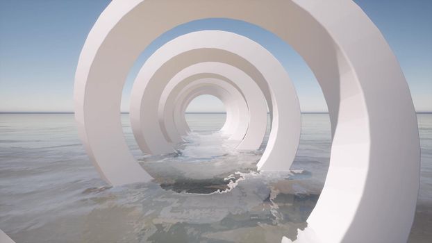 Modern white spiral tunnel corridor on sea blue water 3d render