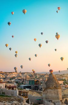 Hot air balloons flying over Cappadocia, Turkey