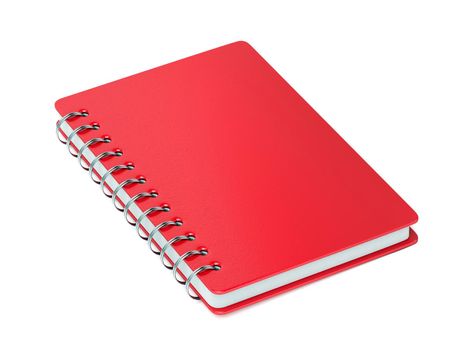 Red spiral notebook on white background