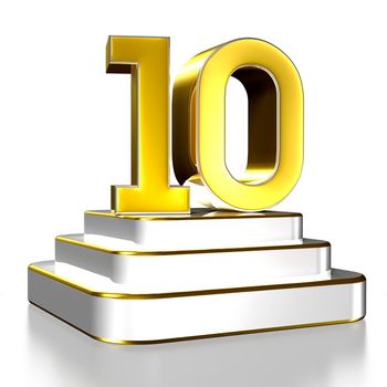 Numbers 10 gold 3D illustration are on a stainless steel platform with clipping path.