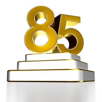 Numbers 85 gold 3D illustration are on a stainless steel platform with clipping path.