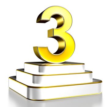 Numbers 3 gold 3D illustration are on a stainless steel platform with clipping path.