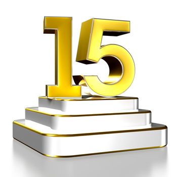Numbers 15 gold 3D illustration are on a stainless steel platform with clipping path.