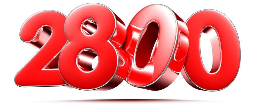 Rounded red numbers 2800 on white background 3D illustration with clipping path
