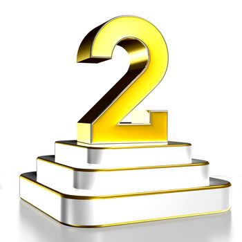 Numbers 2 gold 3D illustration are on a stainless steel platform with clipping path.