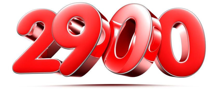 Rounded red numbers 2900 on white background 3D illustration with clipping path