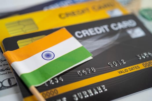 India flag on credit card. Finance development, Banking Account, Statistics, Investment Analytic research data economy, Stock exchange trading, Business company concept.