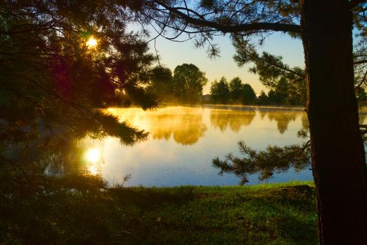 Early morning mist over a tranquil lake at sunrise with the orange glow of the sun reflected in the still water viewed between leafy green trees in a scenic landscape