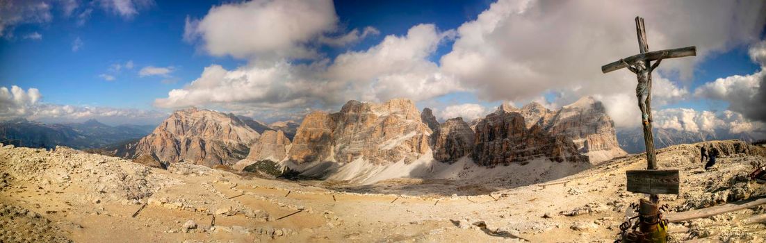 Panoramic shot of the Dolomites, detail of the Tofane mountain group, a UNESCO World Heritage Site in Italy 