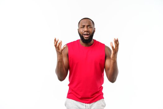 Young sport african american man pleading isolate over grey background