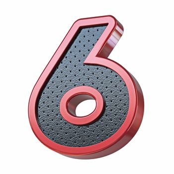 Red shinny metal and black leather font Number 6 SIX 3D render illustration isolated on white background