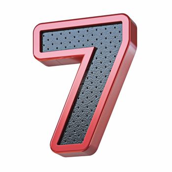 Red shinny metal and black leather font Number 7 SEVEN 3D render illustration isolated on white background