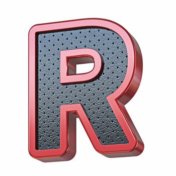 Red shinny metal and black leather font Letter R 3D render illustration isolated on white background