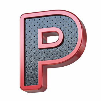 Red shinny metal and black leather font Letter P 3D render illustration isolated on white background